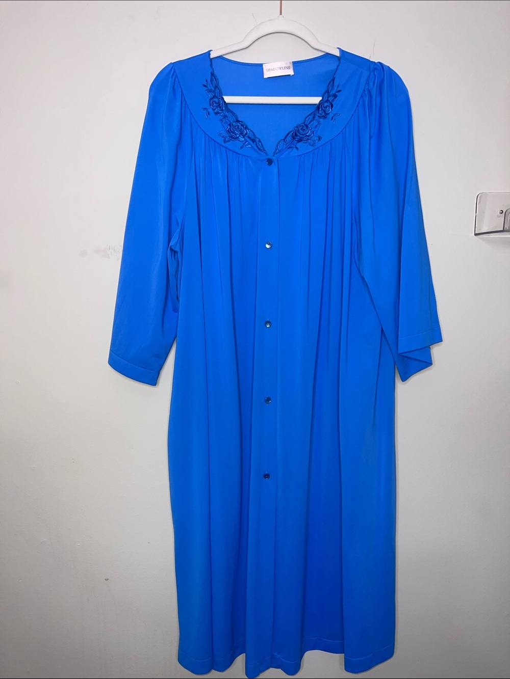 Vtg Shadowline Blue Embroidered Button-Front Nightgown